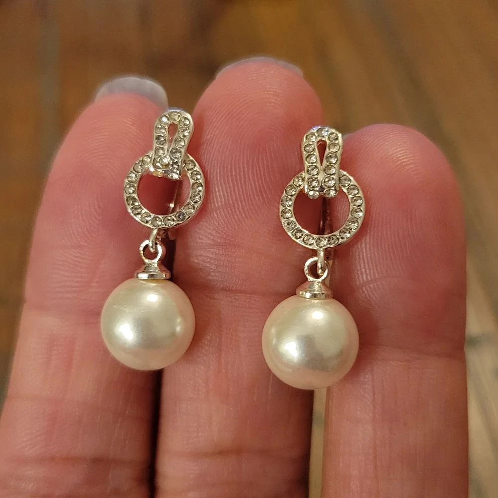 Silver Tone Faux Pearl Huggie Drop Earrings